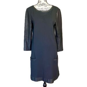 Theory Size M Black Wool + Genuine Leather Trim Shift Dress Pockets